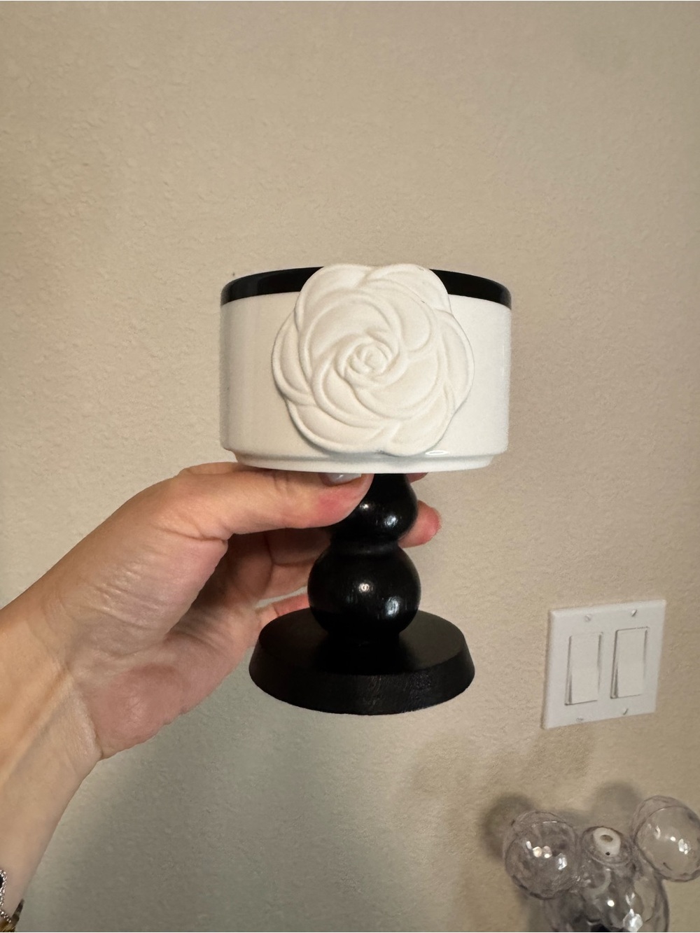 White Ceramic Rose Pedestal Bowl on Black Stand - Picture 3 of 5
